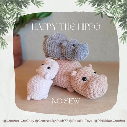 Happy the Hippo, NO-SEW crochet amigurumi PDF Pattern