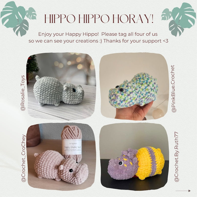 Happy the Hippo, NO-SEW crochet amigurumi PDF Pattern