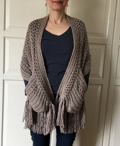 Boho Crochet Shawl with Pockets and Fringe | EASY Womens Scarf Pattern